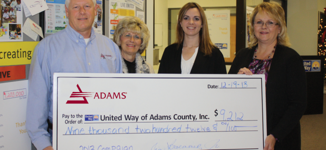 Adams Employees contribute $9,212 to the United Way Campaign